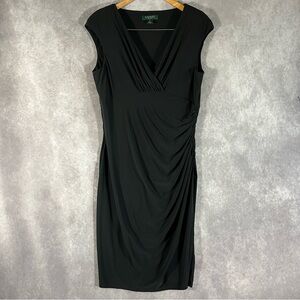 Lauren Ralph Lauren Midi Dress Women 12 Black V-Neck Sleeveless Stretch Evening
